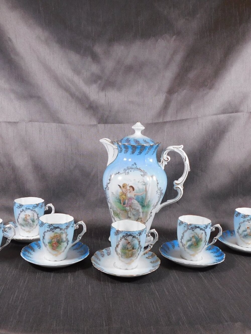 Blue and White Angel Design Chocolate Pot Set with Cups   # 25910